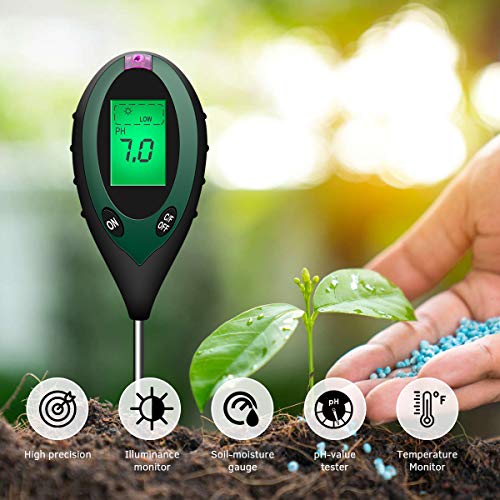 Sonkir Medidor de pH de Suelo, 4 en 1, medidor de Humedad/luz/pH/Temperatura del Suelo, Kits de Herramientas de jardinería para el Cuidado de Plantas, para jardín, césped, Batería incluida (Verde)