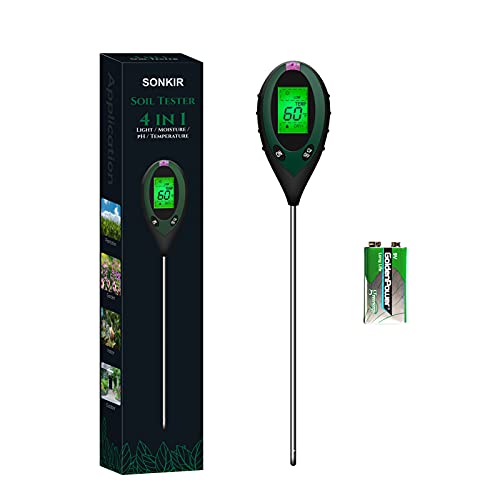 Sonkir Medidor de pH de Suelo, 4 en 1, medidor de Humedad/luz/pH/Temperatura del Suelo, Kits de Herramientas de jardinería para el Cuidado de Plantas, para jardín, césped, Batería incluida (Verde)