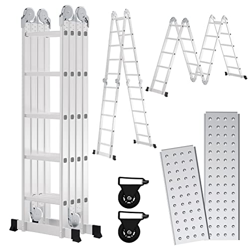 Sonnewelt Escalera Multiusos de Aluminio de 4 x 5 Niveles, Escalera multifunción de 5,8 m con Plataforma, Escalera con 2 Placas de andamio, Escalera de hasta 150 kg, Escalera Plegable de 20 peldaños