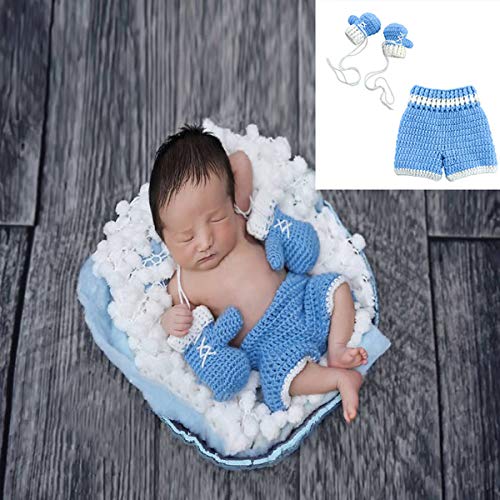 SOONHUA Accesorios de fotografía para recién nacidos de ganchillo para bebé, guantes de boxeo de punto, ropa de regalo para niños y niñas de 0 a 4 meses, Celeste, 0-3 Meses