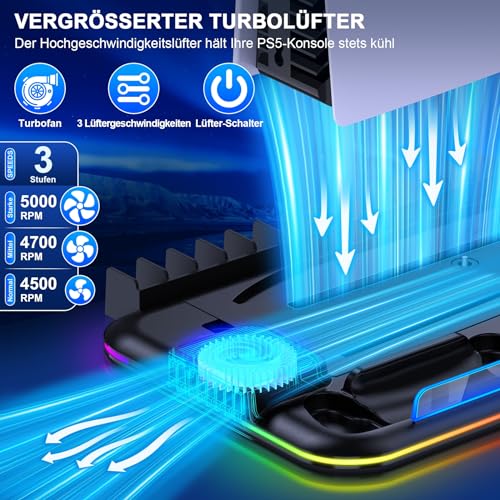 Soporte para PS5 Slim Console, PS5 Stand con 3 niveles de potente ventilador de enfriamiento rápido/estación de carga para controlador PS5/almacenamiento de 15 juegos, soporte PS5 para PS5 Slim Disc &