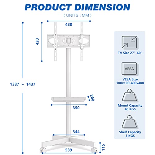 Soporte TV Ruedas Suelo Movil - Rfiver Blanco Soporte TV Pie para 27-60 Pulgadas Television Monitor - Soportes Televisor con Estantes Inclinable Altura Ajustable | MAX 40kg Vesa 400x400 mm