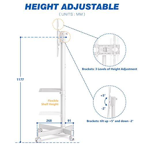 Soporte TV Ruedas Suelo Movil - Rfiver Blanco Soporte TV Pie para 27-60 Pulgadas Television Monitor - Soportes Televisor con Estantes Inclinable Altura Ajustable | MAX 40kg Vesa 400x400 mm