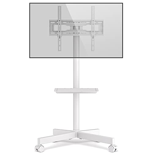 Soporte TV Ruedas Suelo Movil - Rfiver Blanco Soporte TV Pie para 27-60 Pulgadas Television Monitor - Soportes Televisor con Estantes Inclinable Altura Ajustable | MAX 40kg Vesa 400x400 mm