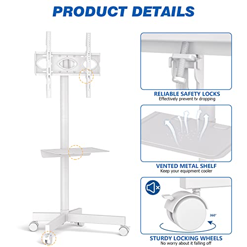 Soporte TV Ruedas Suelo Movil - Rfiver Blanco Soporte TV Pie para 27-60 Pulgadas Television Monitor - Soportes Televisor con Estantes Inclinable Altura Ajustable | MAX 40kg Vesa 400x400 mm