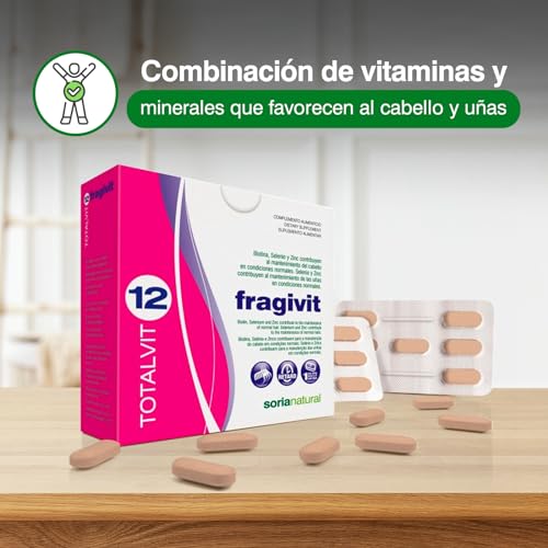 Soria Natural Totalvit 12 Fragivit – Recupera la fuerza en pelo y uñas - Con Biotina, Selenio y Zinc – Mantenimiento del Cabello y Uñas en Condiciones Normales - 28 comprimidos de 1.095 mg