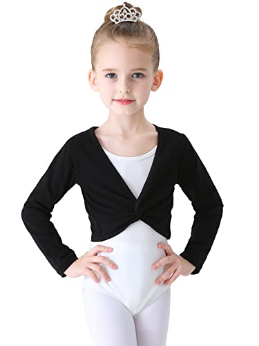 Soudittur Chaqueta de Ballet Cruzada Algodón Top Corto de Ballet Manga Larga para Niña Mujer en Negro, 125-135 cm