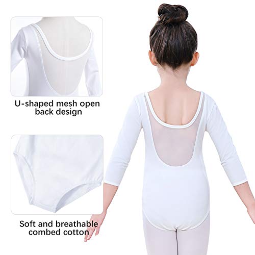 Soudittur Maillot de Ballet Danza Clásico para Niña Manga 3/4 Body Leotardo Gimnasia Ritmica (Blanco, Tag 120(Height: 115-125 cm))