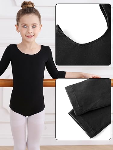 Soudittur Maillot de Danza Niña Mujeres Leotardos Ballet de Algodón Maillots de Gimnasia Ritmica Manga 3/4 (Negro, 120)