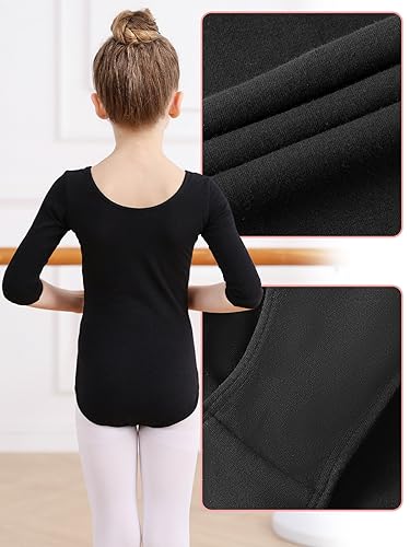 Soudittur Maillot de Danza Niña Mujeres Leotardos Ballet de Algodón Maillots de Gimnasia Ritmica Manga 3/4 (Negro, 120)