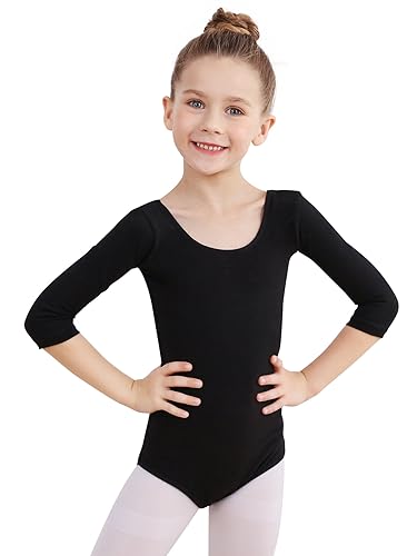 Soudittur Maillot de Danza Niña Mujeres Leotardos Ballet de Algodón Maillots de Gimnasia Ritmica Manga 3/4 (Negro, 120)