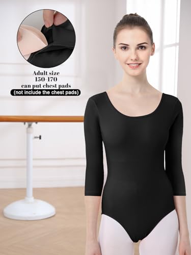 Soudittur Maillot de Danza Niña Mujeres Leotardos Ballet de Algodón Maillots de Gimnasia Ritmica Manga 3/4 (Negro, 120)