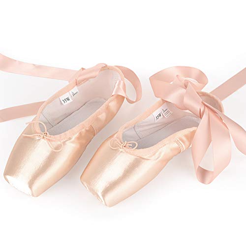 Soudittur Zapatillas de Ballet de Punta Pointe Zapatos Satén con Puntera de Gel de Silicona y Cintas para Niñas Rosa EU 34