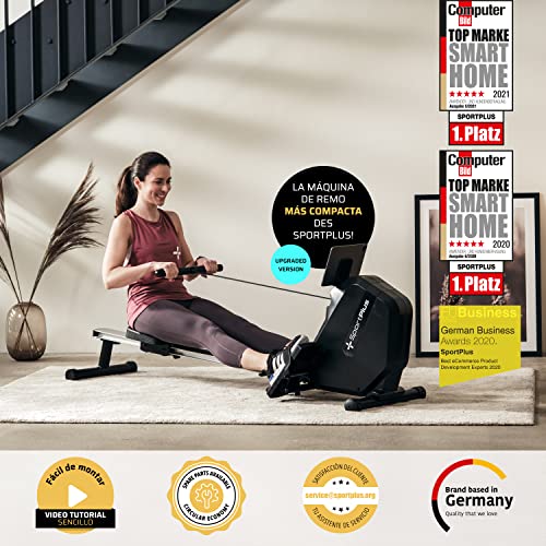 SportPlus | Newest Edition | Equipo de Remo para Casa con Soporte para el Móvil, Plegable y con Ruedas de Transporte, 8 Niveles de Resistencia, Ordenador de Entrenamiento Pequeño, hasta 120 kg