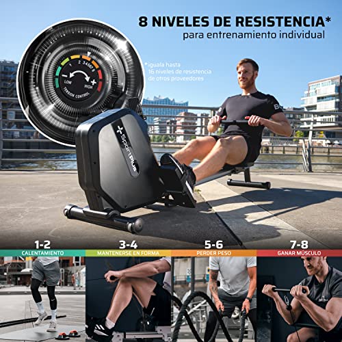 SportPlus | Newest Edition | Equipo de Remo para Casa con Soporte para el Móvil, Plegable y con Ruedas de Transporte, 8 Niveles de Resistencia, Ordenador de Entrenamiento Pequeño, hasta 120 kg