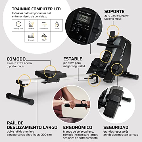 SportPlus | Newest Edition | Equipo de Remo para Casa con Soporte para el Móvil, Plegable y con Ruedas de Transporte, 8 Niveles de Resistencia, Ordenador de Entrenamiento Pequeño, hasta 120 kg