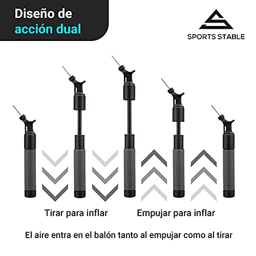 Sports Stable Inflador Balones con 5 Agujas Doble Acción, Bomba De Aire Fiable para Tu Pelota De Fútbol, Rugby, Voleibol, Baloncesto, Balonmano y Otras Pelotas Inflables