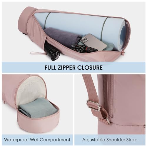 sportsnew Bolsa Esterilla Yoga con Compartimento Húmedo Funda Esterilla Yoga Cremallera Completapara con Bolsillo para Botella de Agua y Correas Ajustables para los Hombros, Rosa