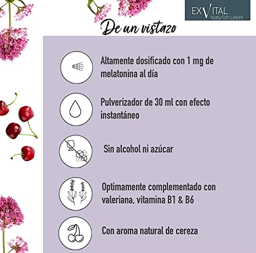 Spray de melatonina para dormir con valeriana y vitamina B1+ B6-1 mg al día, hormona natural del sueño, 30 ml con EFECTO INMEDIATO - Sin alcohol, altamente dosificado & Made in Germany