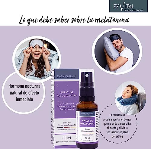 Spray de melatonina para dormir con valeriana y vitamina B1+ B6-1 mg al día, hormona natural del sueño, 30 ml con EFECTO INMEDIATO - Sin alcohol, altamente dosificado & Made in Germany