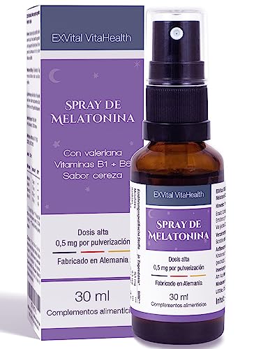 Spray de melatonina para dormir con valeriana y vitamina B1+ B6-1 mg al día, hormona natural del sueño, 30 ml con EFECTO INMEDIATO - Sin alcohol, altamente dosificado & Made in Germany