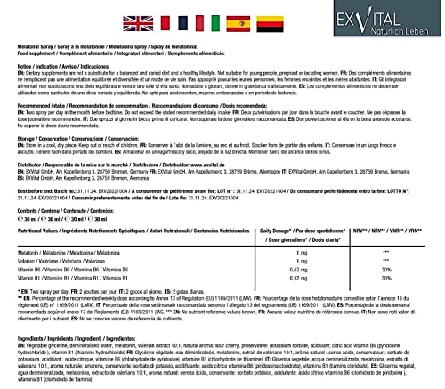 Spray de melatonina para dormir con valeriana y vitamina B1+ B6-1 mg al día, hormona natural del sueño, 30 ml con EFECTO INMEDIATO - Sin alcohol, altamente dosificado & Made in Germany