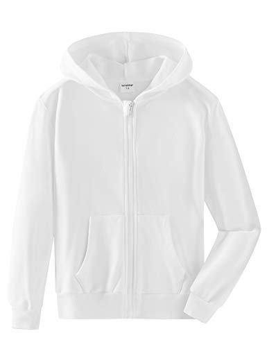 Spring&Gege Niños Niñas Color Sólid Sudadera con Capucha Hoodie Chaqueta con Cremallera de Chándal en Algodón, Blanco, 7-8 Años