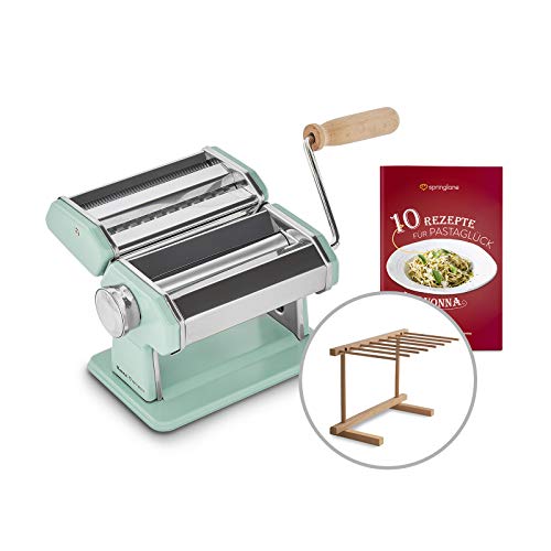 SPRINGLANE Máquina de fideos manual Nonna, Acero inoxidable, Máquina para hacer pasta, incluye secador de pasta y 3 accesorios para cortar espaguetis, lasaña, tallarines - verde