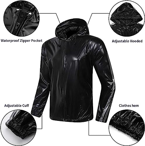 SptShapr Traje de sauna resistente con cremallera completa para fitness, ejercicio, gimnasio, pérdida de peso, pantalón con capucha para hombres y mujeres, traje de sudor antidesgarros, Negro, XL