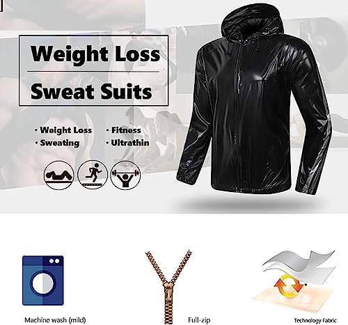 SptShapr Traje de sauna resistente con cremallera completa para fitness, ejercicio, gimnasio, pérdida de peso, pantalón con capucha para hombres y mujeres, traje de sudor antidesgarros, Negro, XL