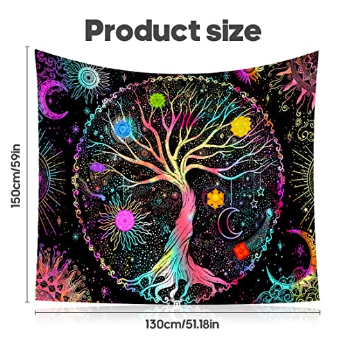 SSRDFU - 1 Pcs Tapiz Colorido psicodélico del árbol de la Vida, Tapiz Bohemio, Tapiz de Fases de la Luna, Tapiz de Dormitorio para Sala de Estar (150x130cm)