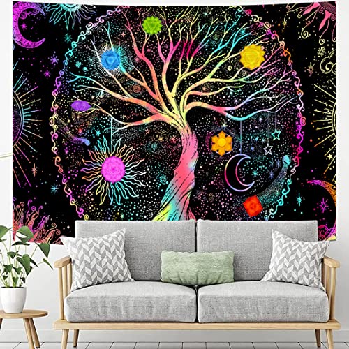 SSRDFU - 1 Pcs Tapiz Colorido psicodélico del árbol de la Vida, Tapiz Bohemio, Tapiz de Fases de la Luna, Tapiz de Dormitorio para Sala de Estar (150x130cm)