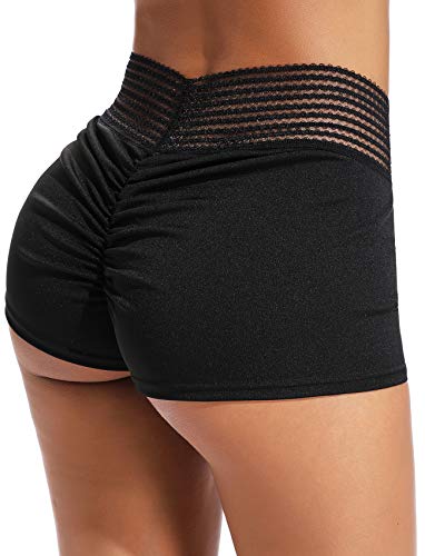 STARBILD Mini Shorts Deportivos de Cintura Alta con Bolsillos, Leggings Cortos Sexy con Pliegues, Verano Viaje Playa Yoga, R1720-mini-Negro L