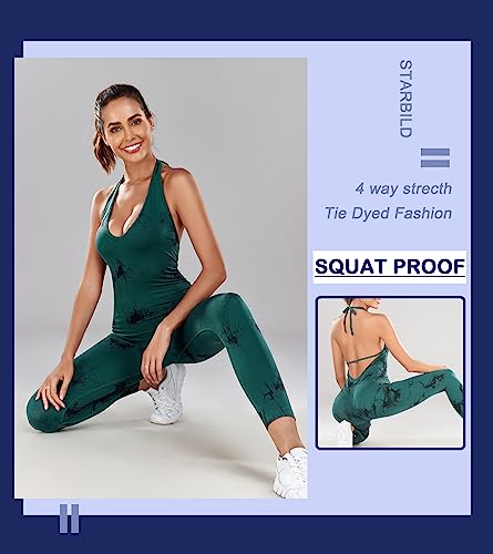 STARBILD Mono de Una Pieza para Mujer, Jumpsuit Deportivo Sexy Seamless Tie Dyed, Traje de Yoga Sin Costuras Tirantes Finos para Gimnasio, K9780-Café M