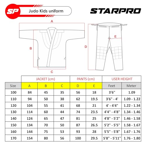 Starpro Judogi 250 Gramos - Algodón de Primera Calidad - Blanco - Judogi Profesional para Entrenamiento y competición - Hombres Mujeres y Niños - 100-170 cm - Incluye cinturón Blanco Gratis