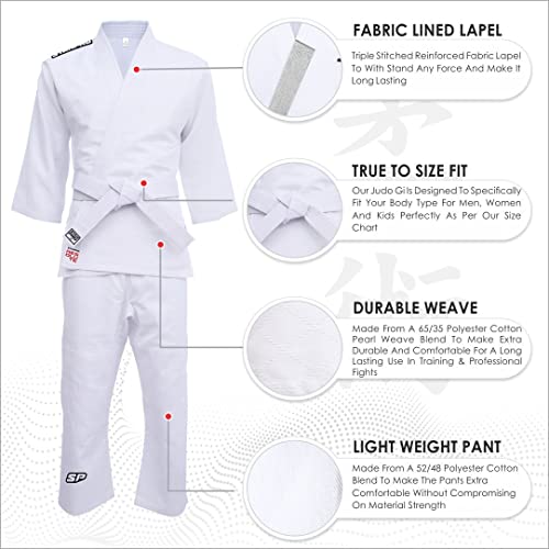 Starpro Judogi 250 Gramos - Algodón de Primera Calidad - Blanco - Judogi Profesional para Entrenamiento y competición - Hombres Mujeres y Niños - 100-170 cm - Incluye cinturón Blanco Gratis