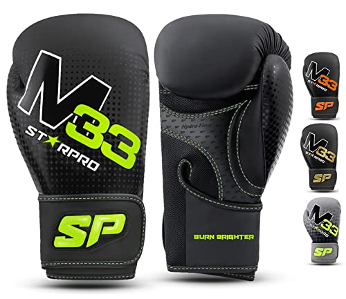 Starpro M33 Guantes de Boxeo de Cuero sintético Mate para Entrenamiento y Sparring en Muay Thai Kickboxing Fitness - Hombres y Mujeres - Negro y Verde - 8oz 10 oz 12 oz 14 oz 16 oz