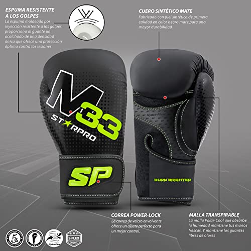 Starpro M33 Guantes de Boxeo de Cuero sintético Mate para Entrenamiento y Sparring en Muay Thai Kickboxing Fitness - Hombres y Mujeres - Negro y Verde - 8oz 10 oz 12 oz 14 oz 16 oz