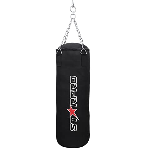 Starpro Saco de Boxeo con Cadena (Relleno) de Cuero de Vinilo para Boxeo Muay Thai MMA Kickboxing Karate&Taekwondo Entrenamiento - Hombres, Mujeres, Niños - 3 pies 4 pies 6 pies - Negro