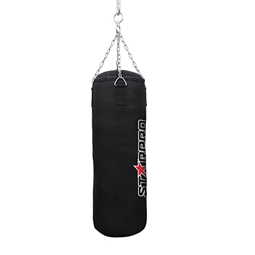 Starpro Saco de Boxeo con Cadena (Relleno) de Cuero de Vinilo para Boxeo Muay Thai MMA Kickboxing Karate&Taekwondo Entrenamiento - Hombres, Mujeres, Niños - 3 pies 4 pies 6 pies - Negro