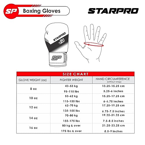 Starpro T20 Guantes de Boxeo de Cuero de PU para Entrenamiento y Sparring en Muay Thai Kickboxing Fitness - Hombres y Mujeres - Múltiples Colores - 8oz 10 oz 12 oz 14 oz 16 oz