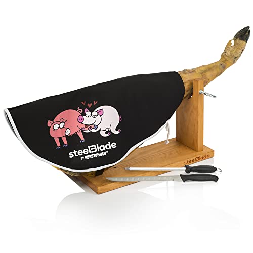 Steelblade - Jamonero + Cubre Jamón Kukuxumusu + Cuchillo Jamonero y Chaira - Soporte Jamonero Fabricado en España