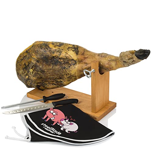 Steelblade - Jamonero + Cubre Jamón Kukuxumusu + Cuchillo Jamonero y Chaira - Soporte Jamonero Fabricado en España