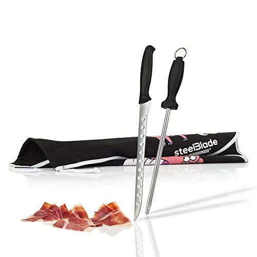 Steelblade - Jamonero + Cubre Jamón Kukuxumusu + Cuchillo Jamonero y Chaira - Soporte Jamonero Fabricado en España