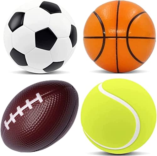 Steemjoey Juego de 4 Pelotas Antiestres Stress Ball Fidget Toys, Juguete Antiestrés para Niños y Adultos, Incluye Baloncesto, Fútbol, Futbol, Pelota de Tenis, Pelotas Comprimibles, Ideal para Fiestas