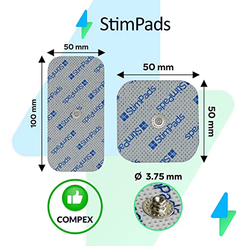 StimPads Electrodos EMS compatibles con dispositivos Compex • Mix 12 paquetes de 50 x 50 y 50 x 100 mm con un solo 3,75 mm Easy Snap • Dispositivo médico certificado de Motron NV