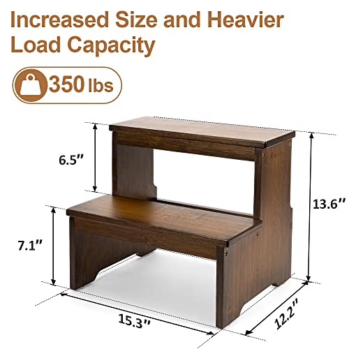 StrongTek Taburete de bambú de dos escalones para adultos y niños, taburete de cama con parte inferior antideslizante, resistente para cocina, baño, taburete de mesita de noche, escaleras de madera,