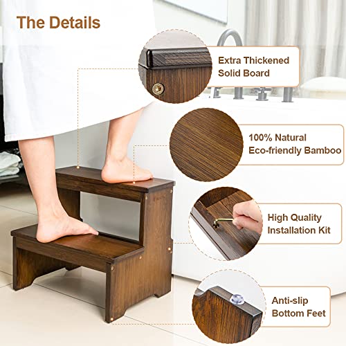 StrongTek Taburete de bambú de dos escalones para adultos y niños, taburete de cama con parte inferior antideslizante, resistente para cocina, baño, taburete de mesita de noche, escaleras de madera,