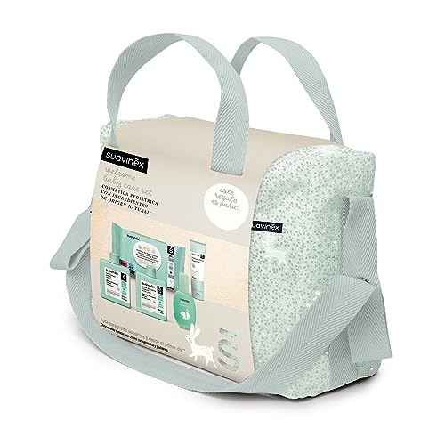 Suavinex, Bolso Carro Bebé con Cosmética: Gel Champú Syndet 300 ml + Loción Hidratante 300 ml + Pomada Pañal 75 ml + Baby Cologne 100 ml + Toallitas 72 Uds. Para Regalo de Recién Nacido. Mint