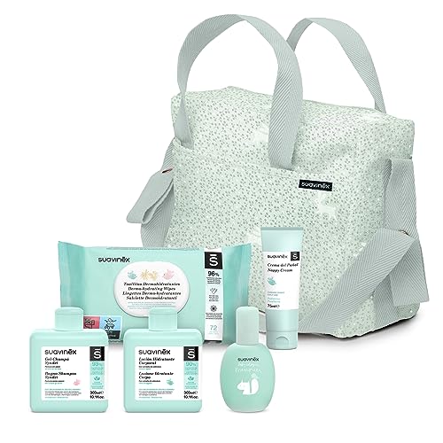 Suavinex, Bolso Carro Bebé con Cosmética: Gel Champú Syndet 300 ml + Loción Hidratante 300 ml + Pomada Pañal 75 ml + Baby Cologne 100 ml + Toallitas 72 Uds. Para Regalo de Recién Nacido. Mint